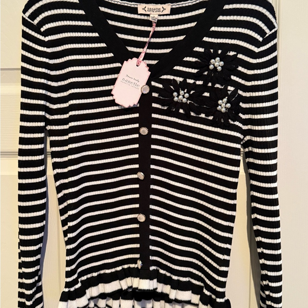 Nanette Lepore Black and White Striped V-Neck Sweater